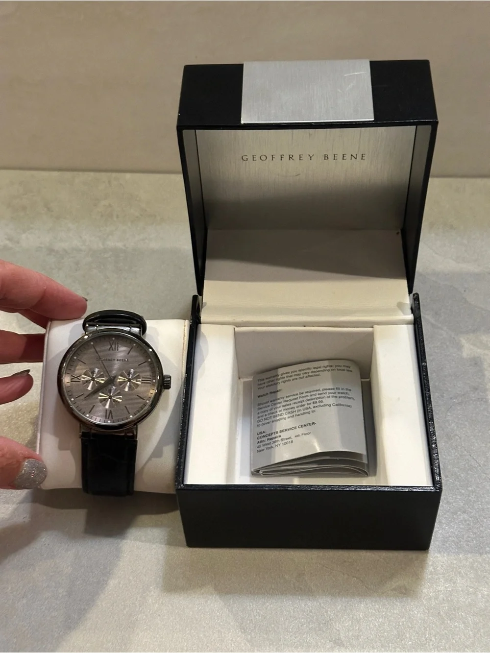 Geoffrey Beene In Box Men's Silver Black Leather Strap Watch **Needs Battery**